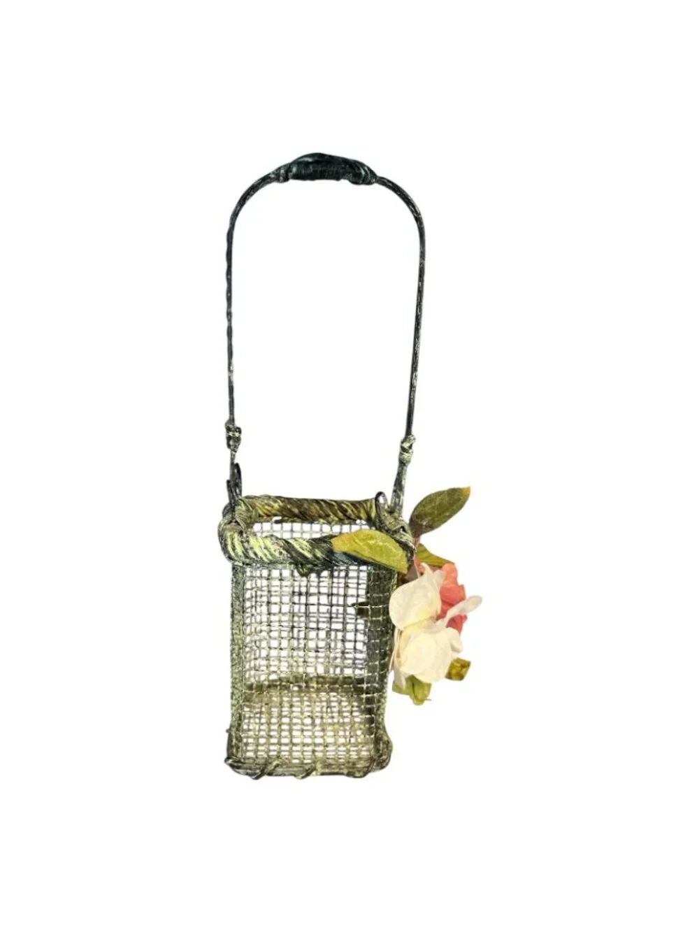Vintage Metal Mesh Basket Purse Pink White Roses Victorian Shabby Chic Decor